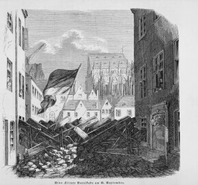 ölner Barrikade ohne Verteidiger am 25.9. 1848, Presse- Illustration nach der Zeichnung von Georg Osterwald