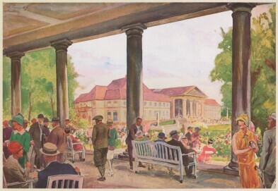 Rudolf Lipus, Wandelhalle bei dem Trinkbrunnen mit Blick auf Kurhaus und Kurpark in Aachen, Temperagemälde