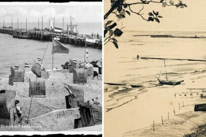 Foto (Ostseebad): © Glasplatte aus der Sammlung GHH, Foto (auch Strand, aber mit Ast oben links): Heinrich Wolff, Hafen Neukuhren, © Sammlung Ostdeutsche Artothek GHH