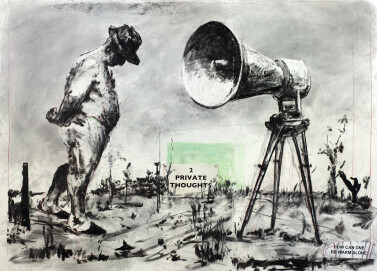 William Kentridge, Zeichnung für das Selbstportrait As a Coffee Pot (2 Private Thoughts), 2021 Tusche, Buntstift, Kohle, Pastellkreide und Collage auf Papier, 152 x 208 cm